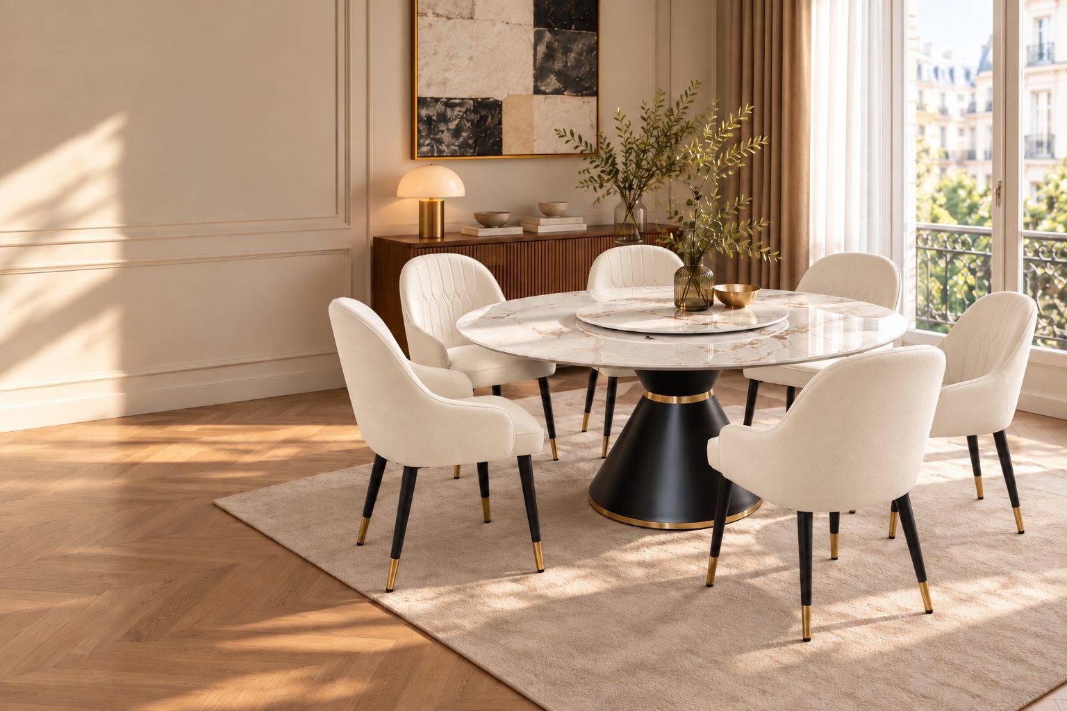 Seis sillas París Velvet ivory alrededor de la mesa Londres giratoria de piedra sinterizada